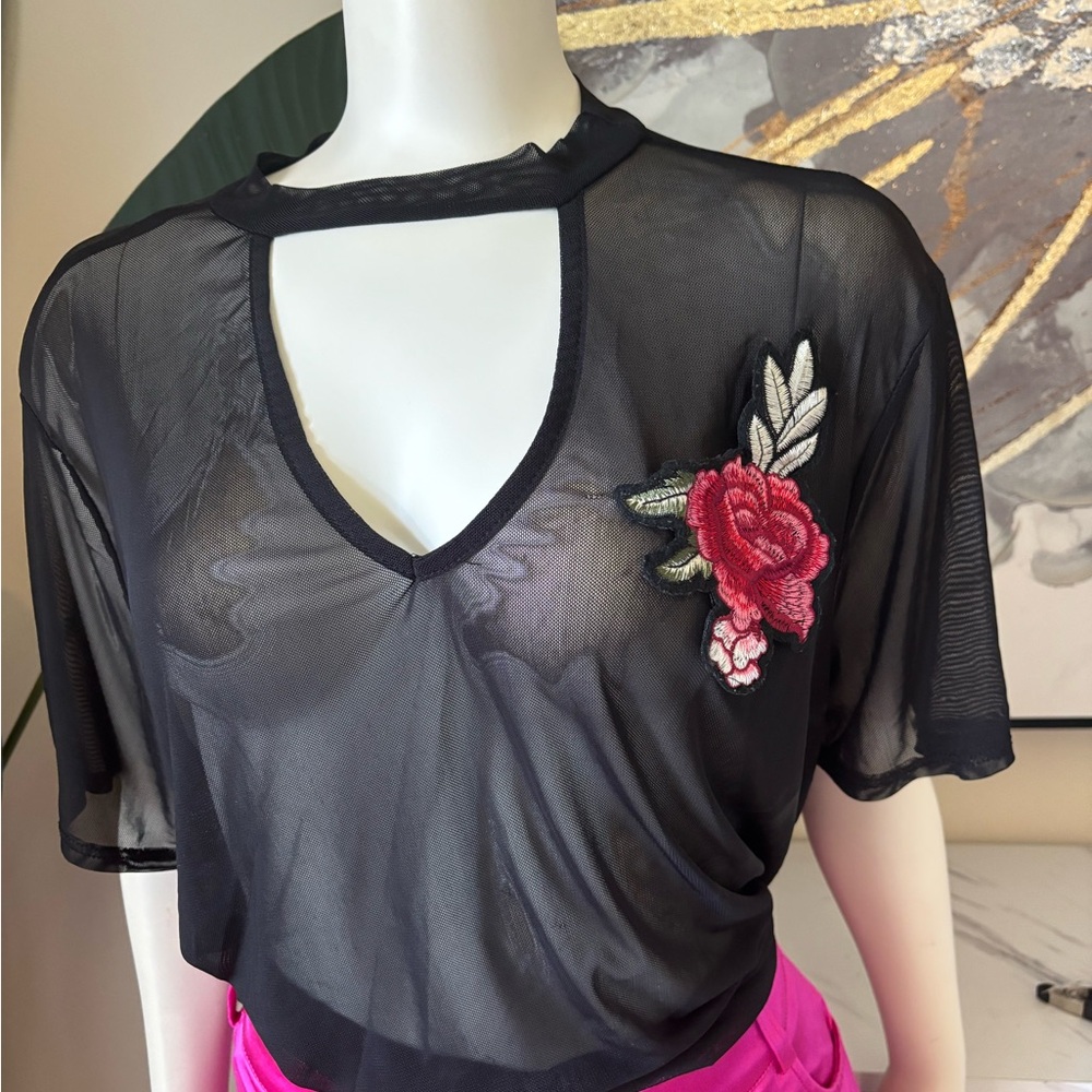 Black Sheer Top with Floral Embroidery